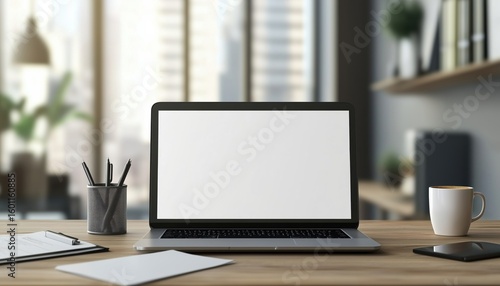 Front View Laptop With Blank Screen, Papers, And Coffee Mug On Office Desk Made Of Wood. A Neat Workspace Setup.