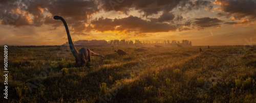 Sunset in Prehistoric Landscape with Dinosaurs