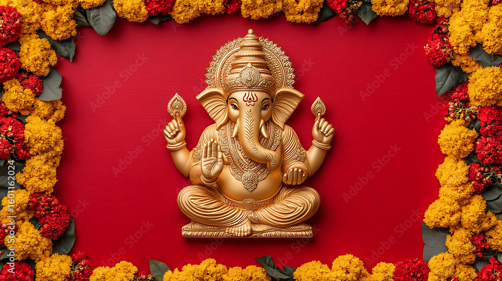 Obraz premium Golden deity statue on red background. Marigold flowers surround a Hindu deity with garlands, evoking a sense of celebration and devotion.