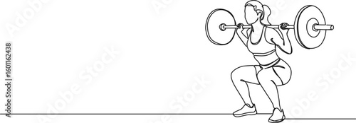 continuous single line drawing of female athlete doing squats with barbell, line art vector illustration