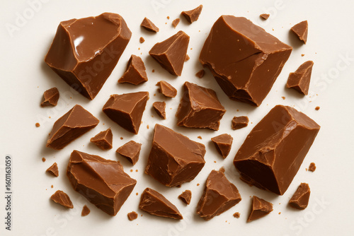 Scattered Milk Chocolate Chunks and Shards on White Background – High-Detail Food Photography with Top-Down Perspective