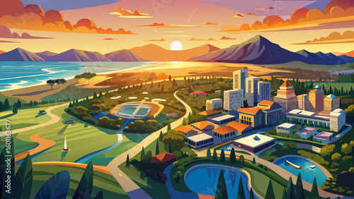  very Beautiful Wide aerial panorama of beautiful sunset over luxury suburb on the Gold Coast, Queensland, Australia
