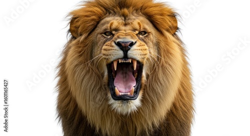 Majestic lion roaring with open mouth showing teeth on isolated white background