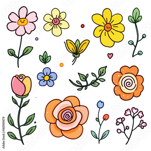 Charming hand-drawn floral elements bring vibrant, playful nature to any design project