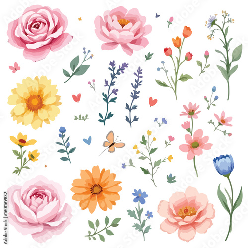 Charming watercolor floral elements and butterflies create a beautiful spring garden feel