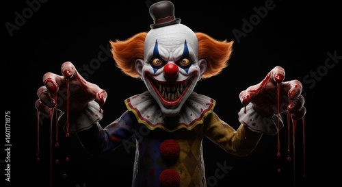 Menacing clown with blood-soaked hands, embodying the essence of horror and fear