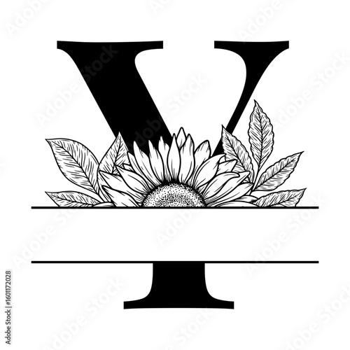 Sunflower split monogram design, alphabet letter Y decorated with floral illustration. Perfect for personalized gifts, farmhouse decor, wedding initials, laser cut file, family sign, and DIY crafts.