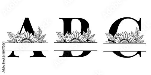 Sunflower split monogram design, alphabet letters A, B, C decorated with floral illustration. Perfect for personalized gift, farmhouse decor, wedding initials, laser cut file, family sign, DIY crafts