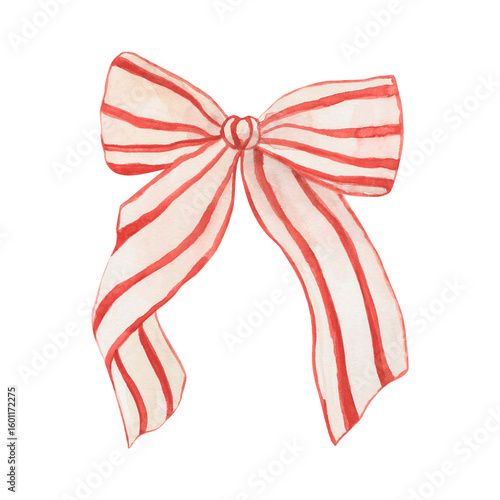Christmas red ribbon bow tie with stripes. Hand drawn watercolor on white background