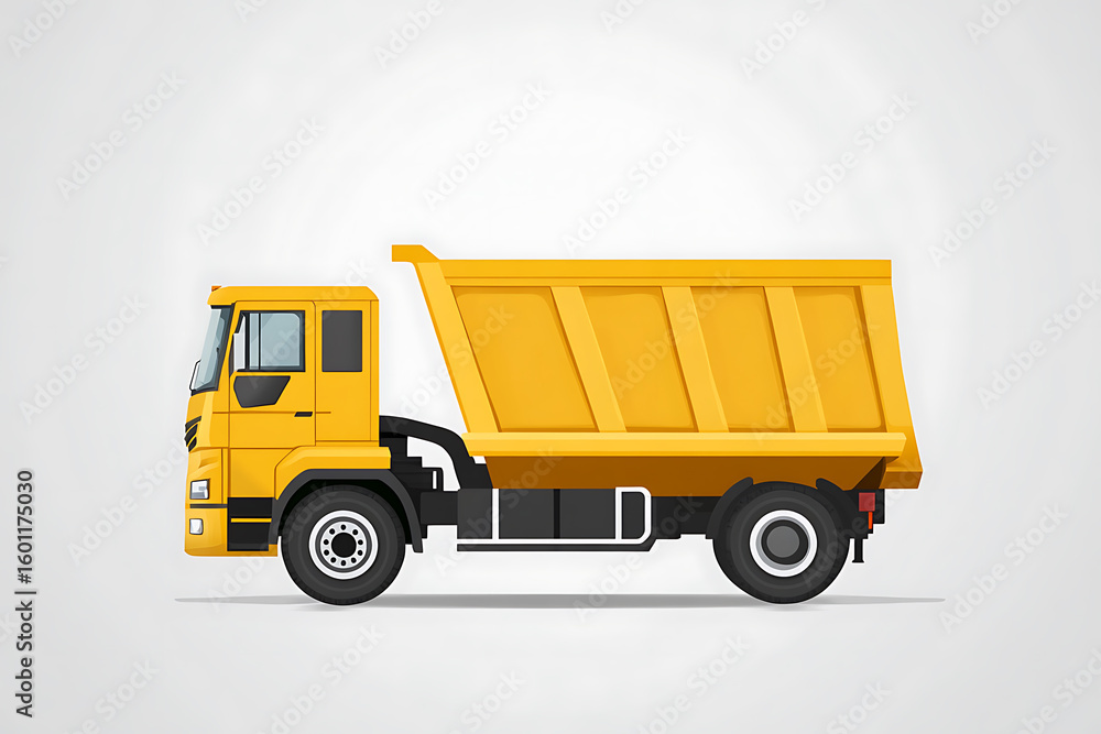 Fototapeta premium A bright yellow dump truck is shown in profile, isolated against a light gray background. Ideal for construction or transportation themes.