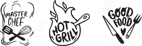 Hand drawn black and white illustrations of culinary icons including a chef hat hot grill and good food with cutlery