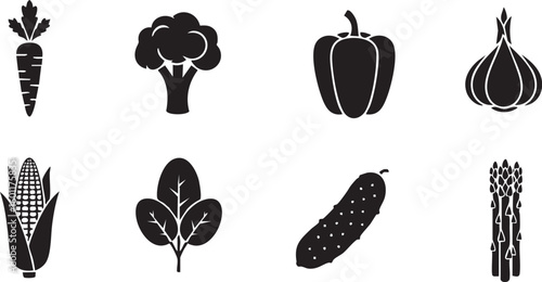 Collection of eight stylized black and white vegetable icons including carrot broccoli bell pepper fig corn spinach cucumber and asparagus