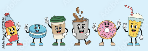 Vector art of a collection of cheerful cartoon food and drink characters are giving peace signs on a light blue background