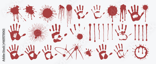 Vector art of a disturbing array of blood spatter and handprint designs creates a chilling and suspenseful halloweenthemed graphic