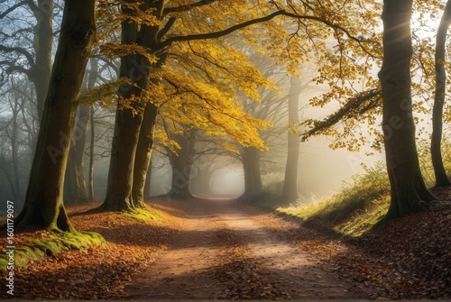 Walking on Hampstead Heath woodland path on a misty autumn morning. Forest scene with ancient oak and beech trees in yellows and browns, sunlight filtering, muddy path with thick carpet of leaves, aut