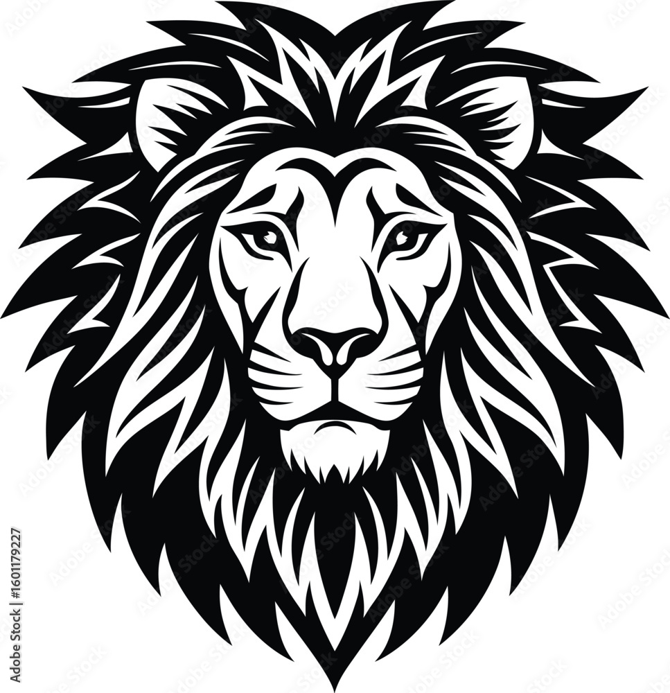 Fototapeta premium Majestic black and white lion head emblem with intense gaze silhouette vector 