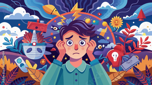 Anxious man surrounded by chaotic and surreal elements symbolizing overthinking, fear, and mental tension
