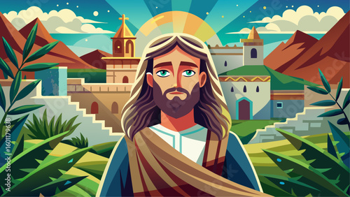 Colorful illustration of Jesus of Nazareth with serene expression standing in front of ancient buildings and mountains at sunrise