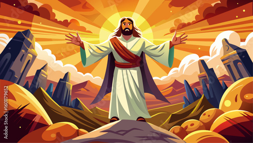 Illustration of resurrected Jesus standing with open arms in a radiant desert landscape with glowing light and ruins behind