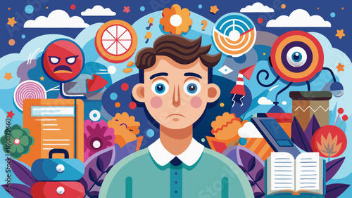 Serious man with wide eyes surrounded by patterns and chaotic thoughts symbolizing obsessive-compulsive disorder and intrusive thinking