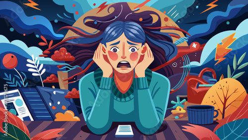 Stressed woman overwhelmed with anxiety and panic attack surrounded by chaotic thoughts and nature elements in surreal illustration