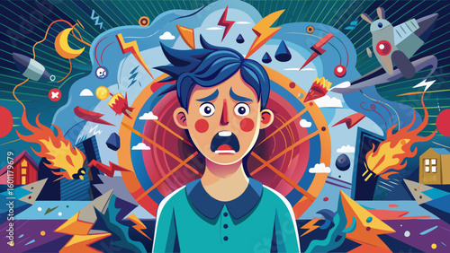 Frightened man experiencing panic attack with chaotic and explosive background symbolizing inner turmoil and mental stress