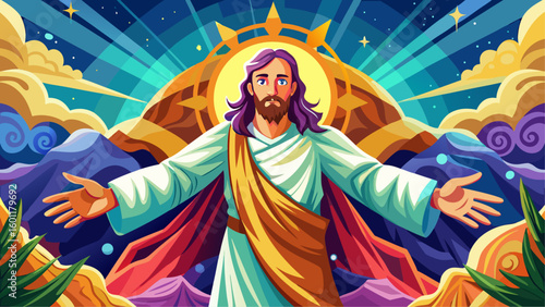 Colorful illustration of resurrected Jesus with open arms, glowing halo, and radiant background symbolizing divinity and hope