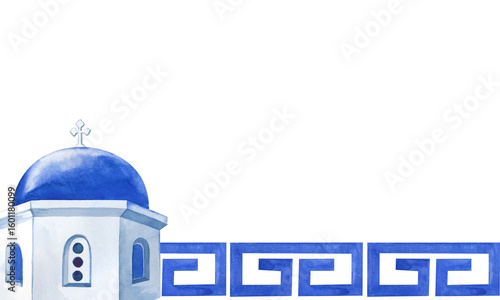 Horizontal watercolor frame in white and blue colors with a white stone temple of Greece and a stylized meander ornament. The landmark of Santorini is hand-drawn on a white background. A template with