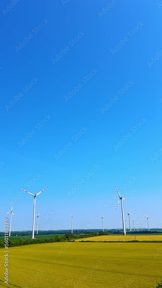 Wind turbines on a clear sunny day. Wind turbines stand tall against a bright blue sky above golden fields, showcasing renewable energy in nature. Wind turbines on a clear sunny day. Wind turbines stand tall against a bright blue sky above golden fields, showcasing renewable energy in nature.