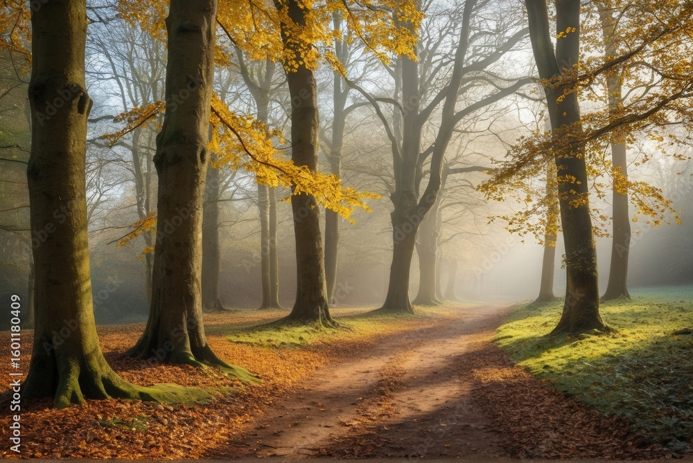 Fototapeta premium Hampstead Heath woodland path on a misty autumn morning, sunlight filtering through oaks and beeches in yellows and browns. Thick fallen leaves line the muddy trail, perfect for walking, autumn forest