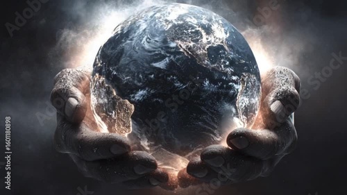 Rough hands gently hold Earth, glowing slightly amidst a smoky background