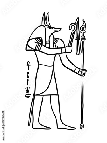 Black and white vector illustration of Anubis, the ancient Egyptian god of the afterlife, shown with a jackal head, holding a staff and scepter. Isolated on white background with hieroglyphics.