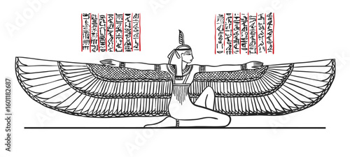 Black and white vector drawing of Isis, ancient Egyptian goddess of magic and motherhood, depicted kneeling with large outstretched wings and hieroglyphics. Isolated on white background.
