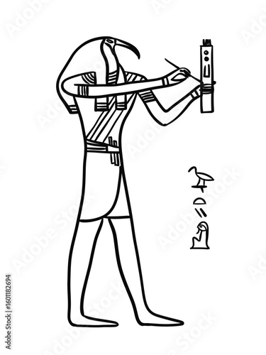 Black and white vector drawing of Thoth, the ancient Egyptian god of wisdom and writing, with an ibis head, holding a scribe's tablet. Isolated on white with hieroglyphics.
