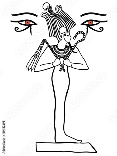Black and white vector illustration of Osiris, ancient Egyptian god of the afterlife, depicted with crown, crook and flail. Includes stylized Eye of Horus symbols. Isolated on white background.