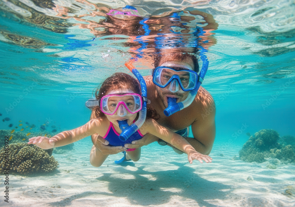 Naklejka premium Father and daughter snorkeling in clear ocean water near coral reef. An underwater family vacation shot shows adventure and joy. Tropical vacation, family bonding, ocean exploration.