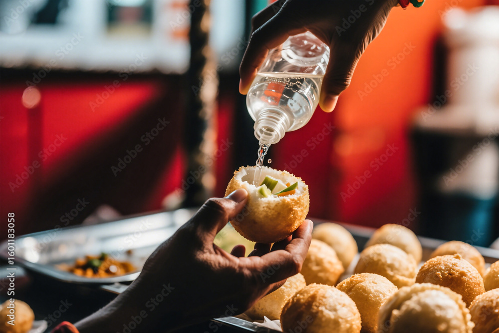 Obraz premium Spicy Pani Puri Street Food: Vibrant Indian Cuisine Photography