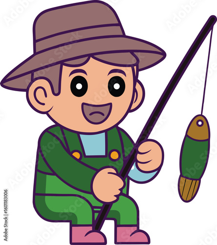 Happy cartoon fisherman wearing overalls and hat catches a fish