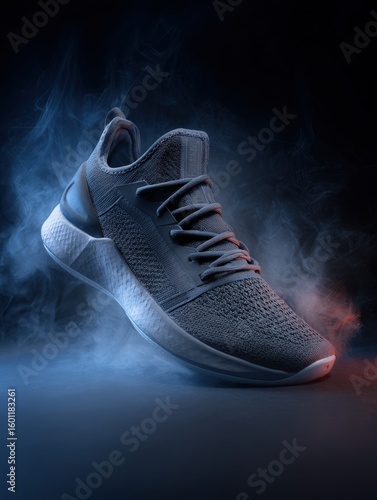 Stylish grey running shoe in dramatic smoke. Perfect for sports, fitness, and fashion advertising. Ideal for websites, social media, and print.