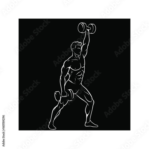 Muscular man lifting dumbbells fitness workout bodybuilding strength training gym exercise strong power healthy lifestyle graphic