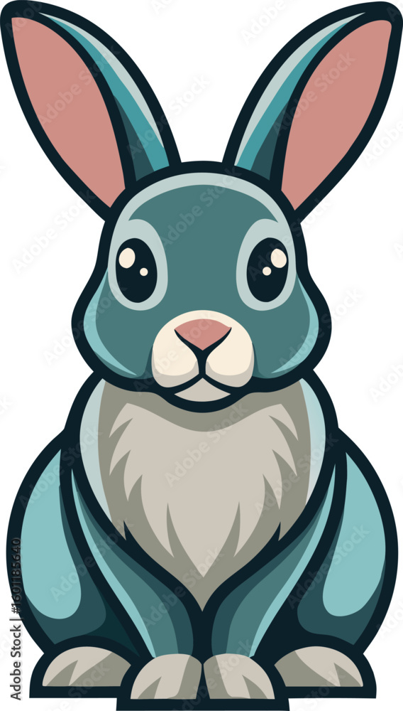 Fototapeta premium Cute cartoon teal rabbit with big eyes and fluffy chest sitting flat vector