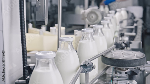 Fotografie Milk bottling plant placing labels on fresh milk