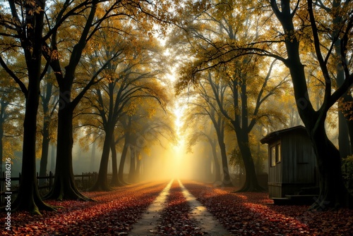 Walking on Hampstead Heath woodland path on a misty autumn morning. Forest scene with ancient oak and beech trees in yellows and browns, sunlight filtering, muddy path with thick carpet of leaves, aut