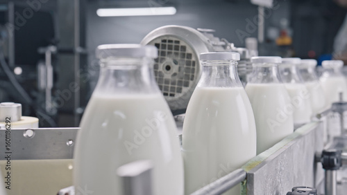 Glass bottles of milk moving on conveyor belt in