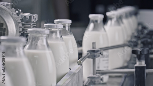 Glass bottles of milk moving on conveyor belt in