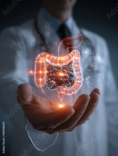 Intestine anatomy, futuristic medical concept. Ideal for healthcare, technology, and science websites.  Perfect for medical articles, presentations, and social media.