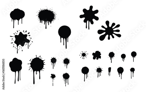 Vector art of a collection of black spray paint splatters and drips isolated on a white background for design