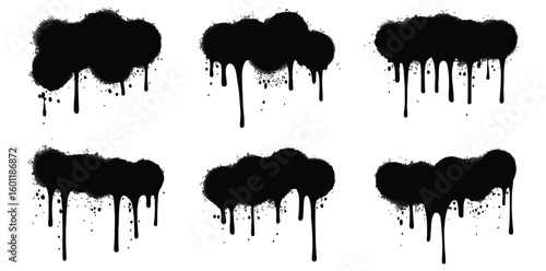 Vector art of a collection of six black spray paint drips and splatters isolated on a white background