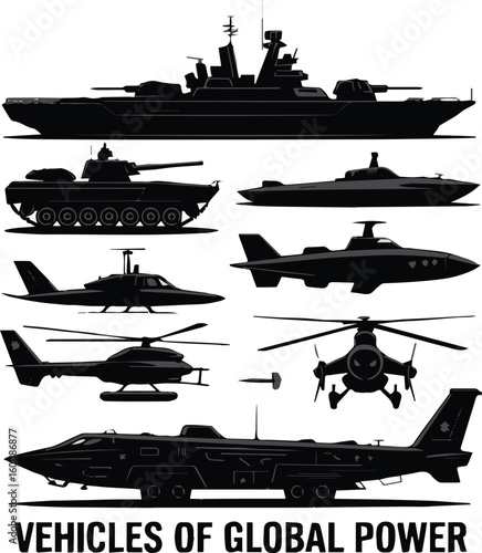 military vehicles vector illustration: tanks, helicopters, jets, warships, submarines, drones, speedboat silhouettes