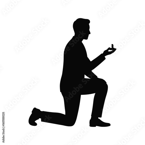 Silhouette of a man kneeling proposing marriage with a ring romantic proposal illustration vector graphic